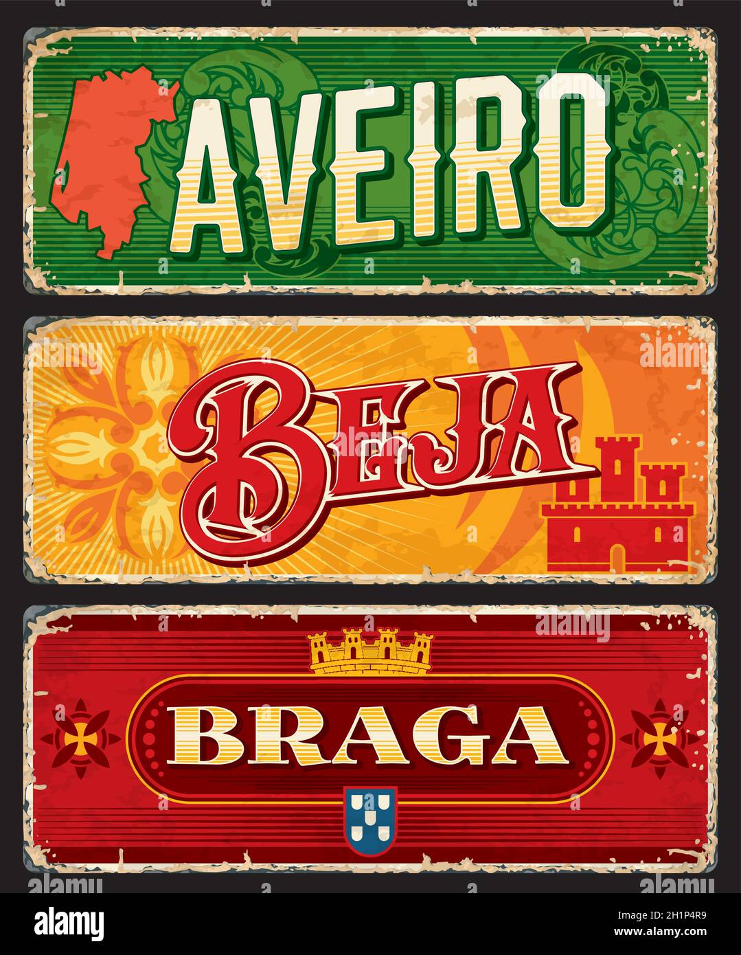 Aveiro, Braga, Beja portuguese province vector plates and tin signs. Districts of Portugal, metal rusty plates and tin signs with city tagline, flags Stock Vector