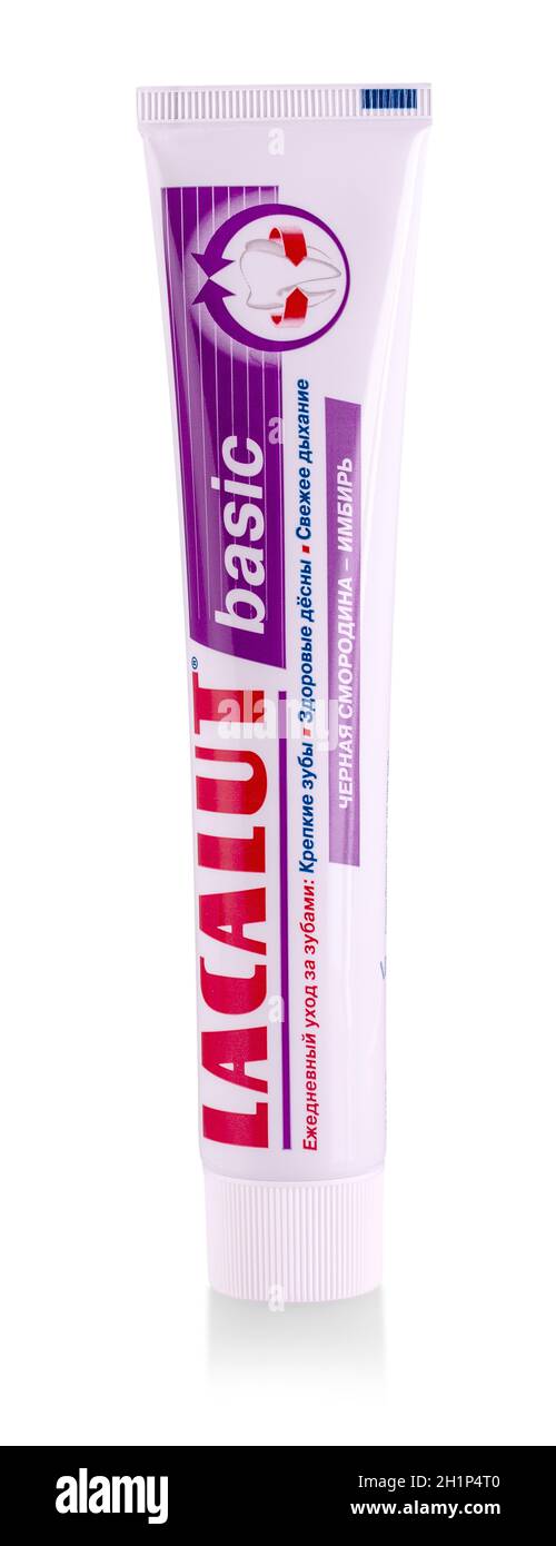 Kamchatka, Russia - May 5, 2019: Lacalut repair and protect toothpaste on white background, Lacalut is a product by Caoncern Dr. Theiss Naturwaren Stock Photo
