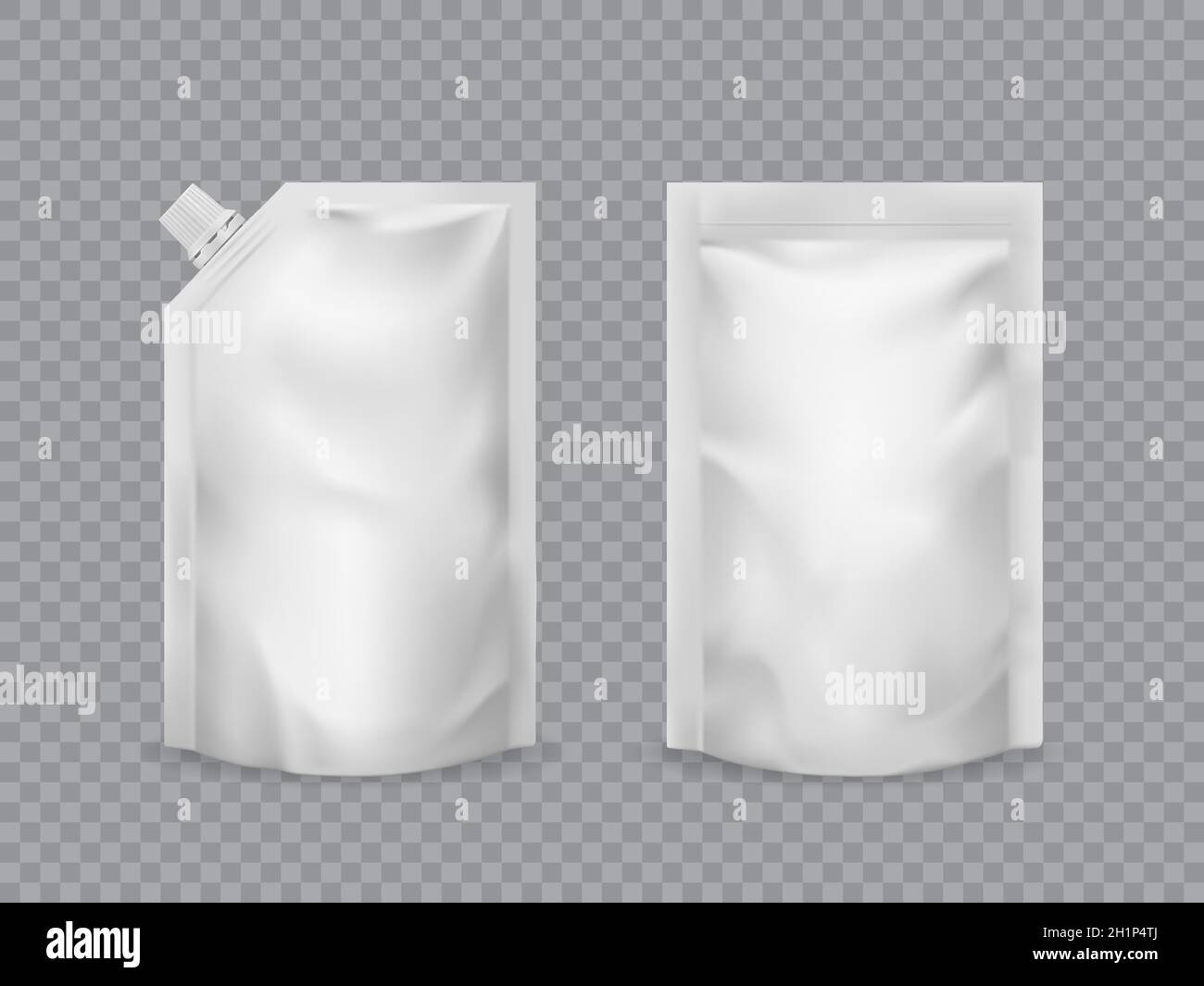 Plastic foil bag with hole in paper clip, vector realistic 3d mockup.  Transparent plastic bag package, products display doypack pouch and sachet  pack Stock Vector