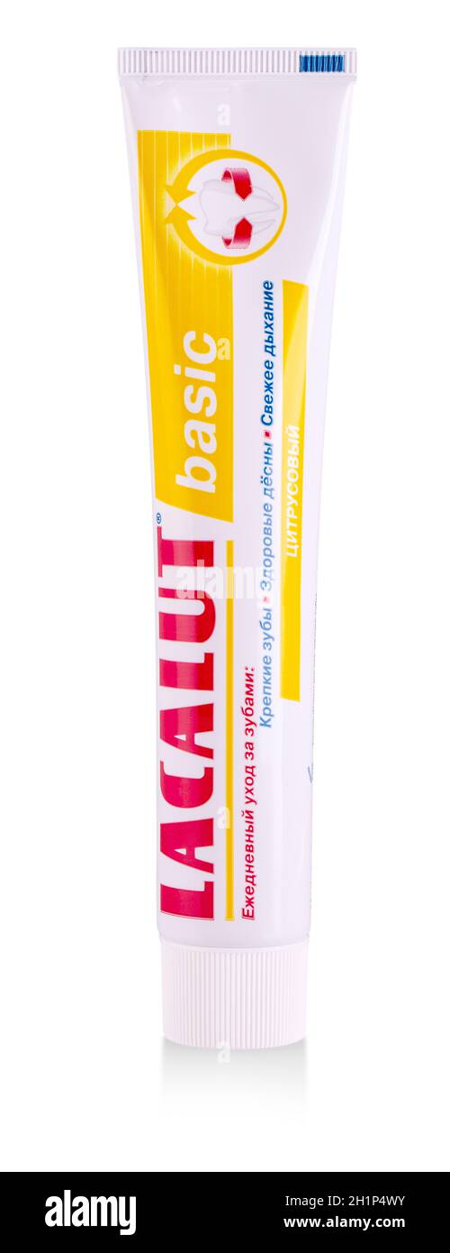 Kamchatka, Russia - May 5, 2019: Lacalut repair and protect toothpaste on white background, Lacalut is a product by Caoncern Dr. Theiss Naturwaren Stock Photo