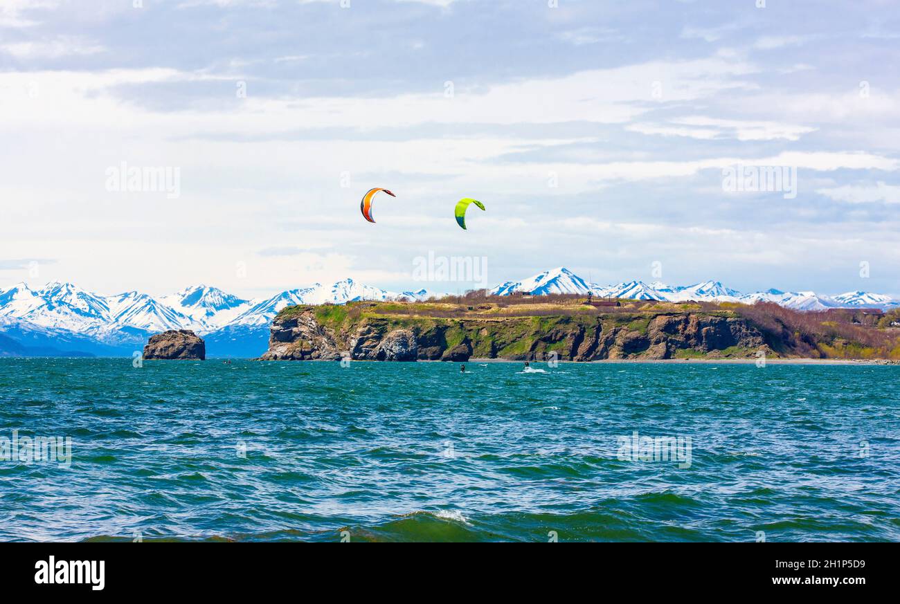 Kitesurfing, kiteboarding, kite surf. Extreme sport kitesurfing in Kamchatka Peninsula in the Pacific ocean Stock Photo