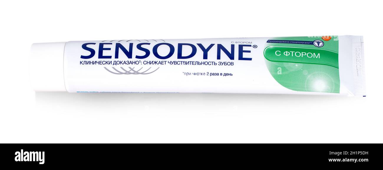 Kamchatka, Russia 24 Jan 2019: Sensodyne PRONAMEL toothpaste tube on white background. Stock Photo