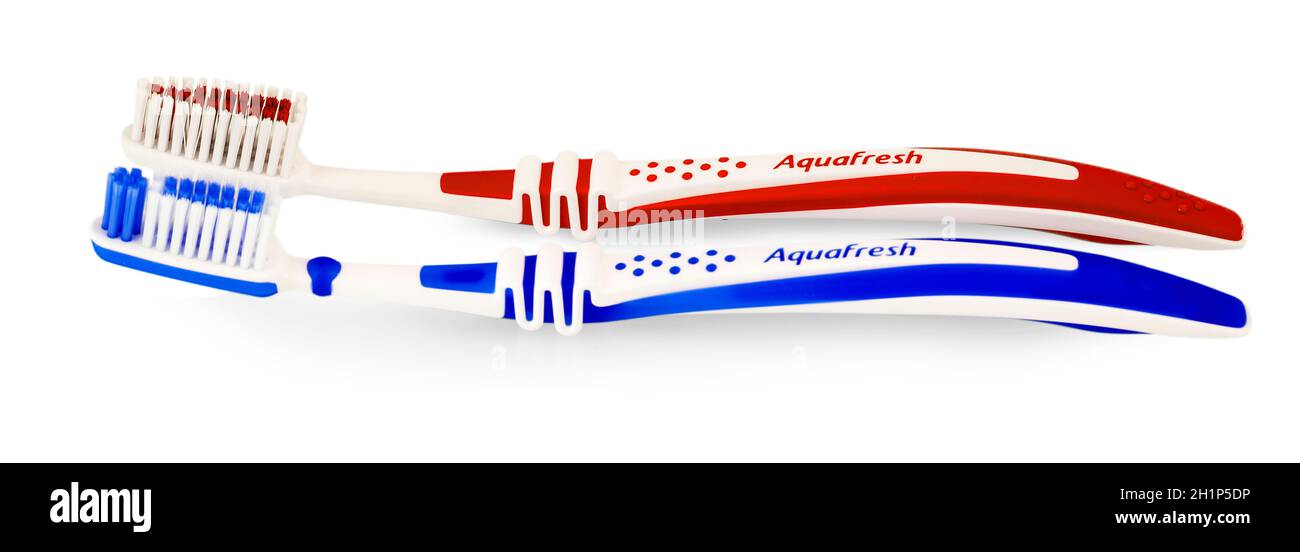 Kamchatka, Russia 24 Jan 2019: Two toothbrushes AQUAFRESH on white background Stock Photo