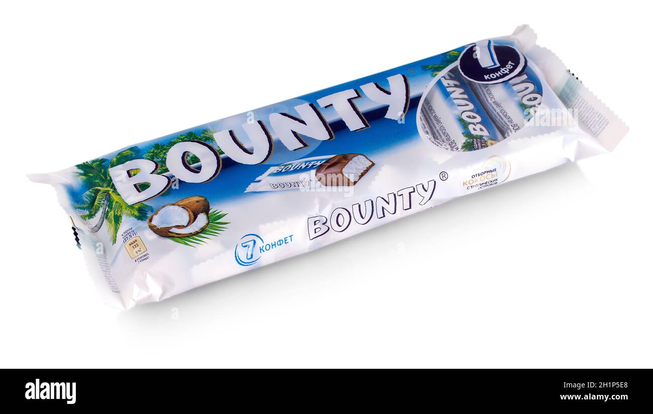 Kamchatka, Russia - May 26, 2019: Bounty chocolate bar is a brand of American Mars, Inc. Stock Photo
