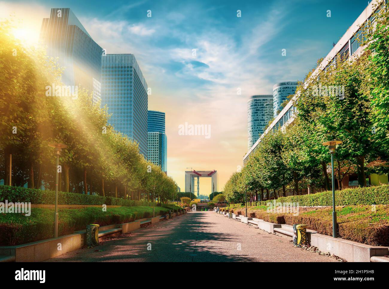 Alley to arch in parisian business district La Defence Stock Photo