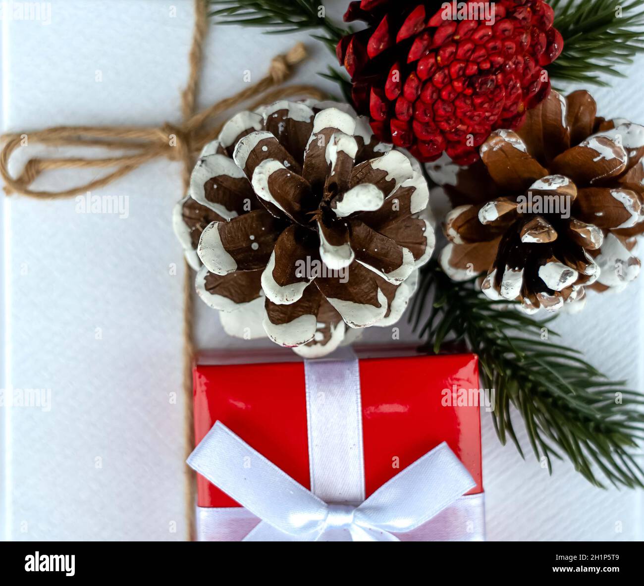 Close up to Red Christmas gift boxes. Stock Photo