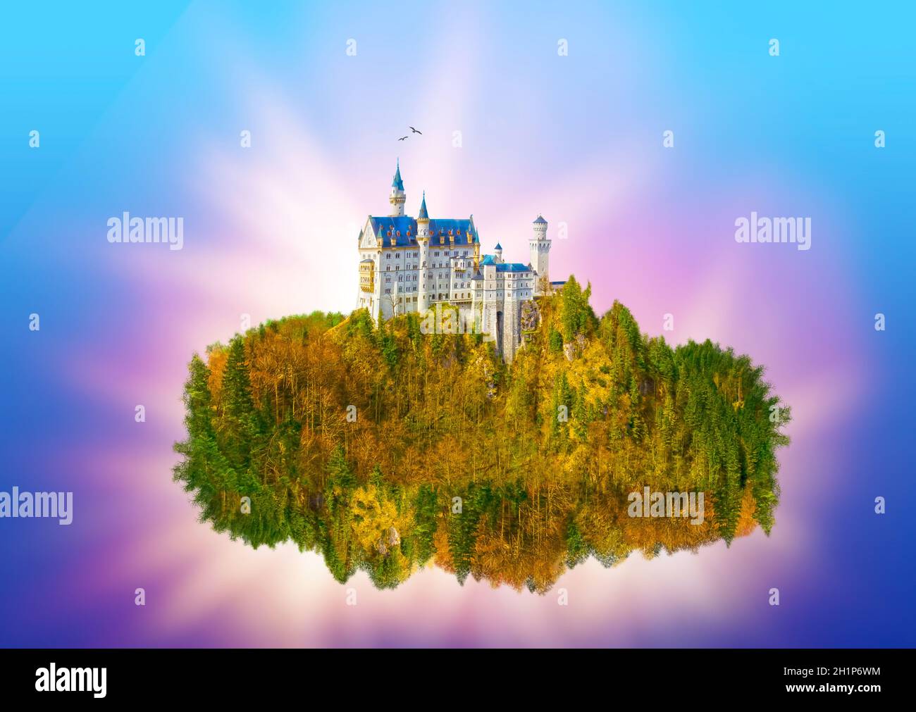Fantazy green island with mountain and castle flying high in the sky Stock Photo