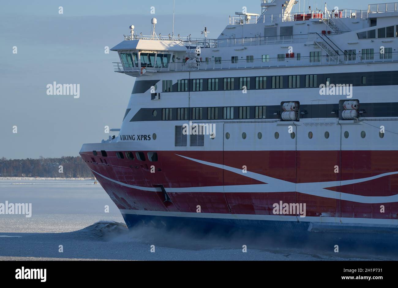 Helsinki, Finland - January 15, 2021: M/S Viking XPRS ferry arriving to Helsinki from Tallinn in extremely cold winter conditions. Stock Photo