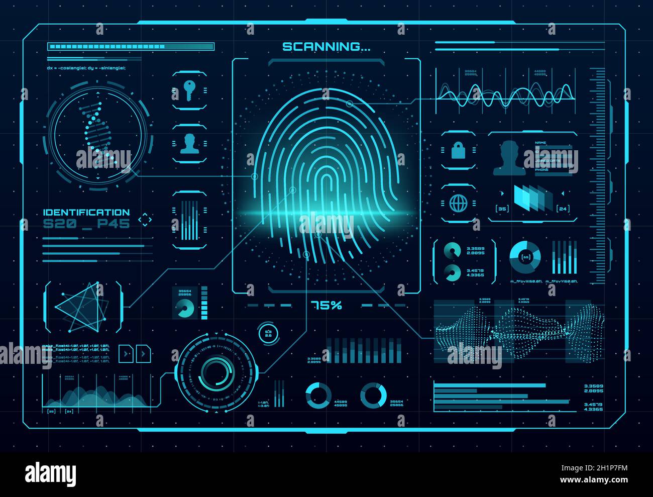 HUD biometric access control interface. Fingerprint scanner, digital identification or authentication technology. Vector thumb print with neon glowing Stock Vector