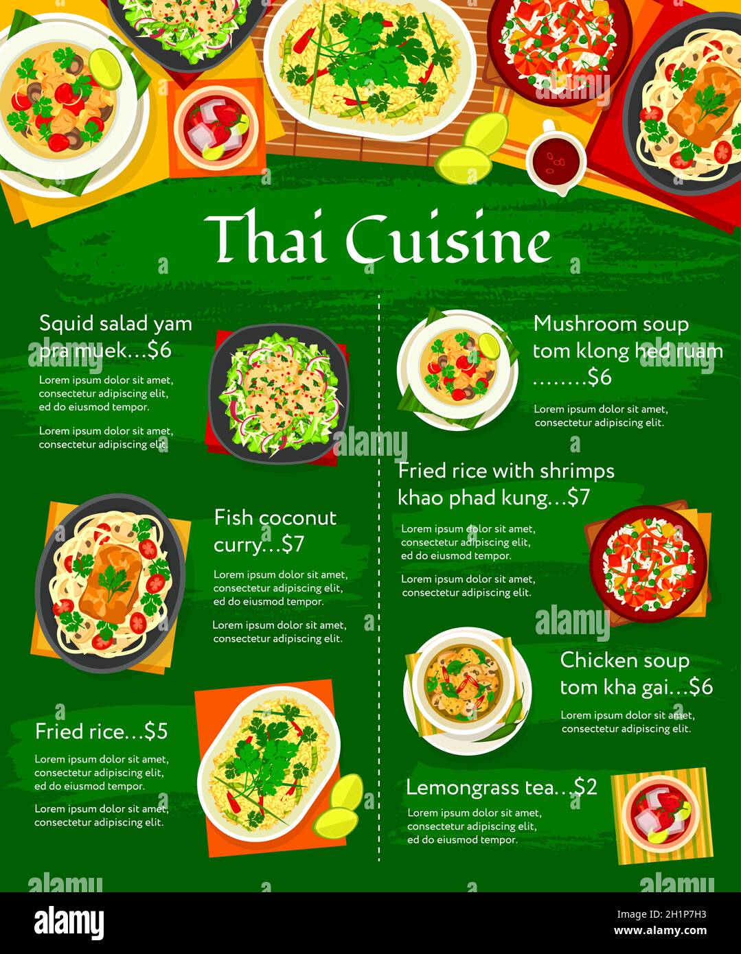 Thai cuisine vector menu template mushroom soup tom klong hed ruam ...