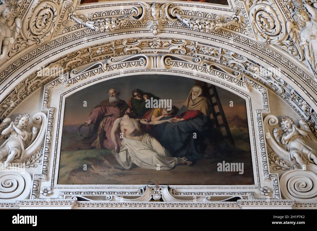 13th Stations of the Cross, Jesus' body is removed from the cross, fragment of the dome in Salzburg Cathedral, Austria Stock Photo