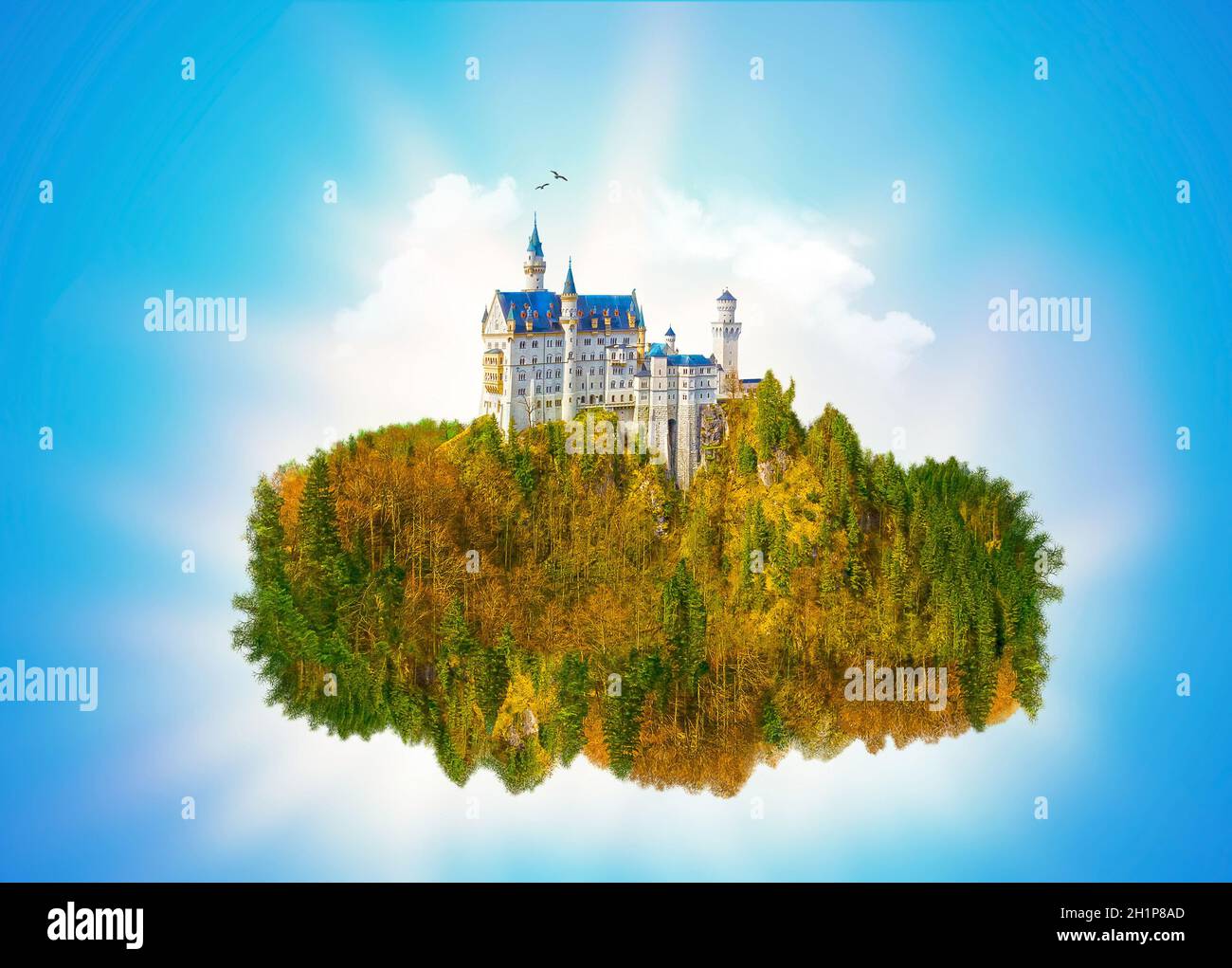 Fantazy green island with mountain and castle flying high in the sky Stock Photo