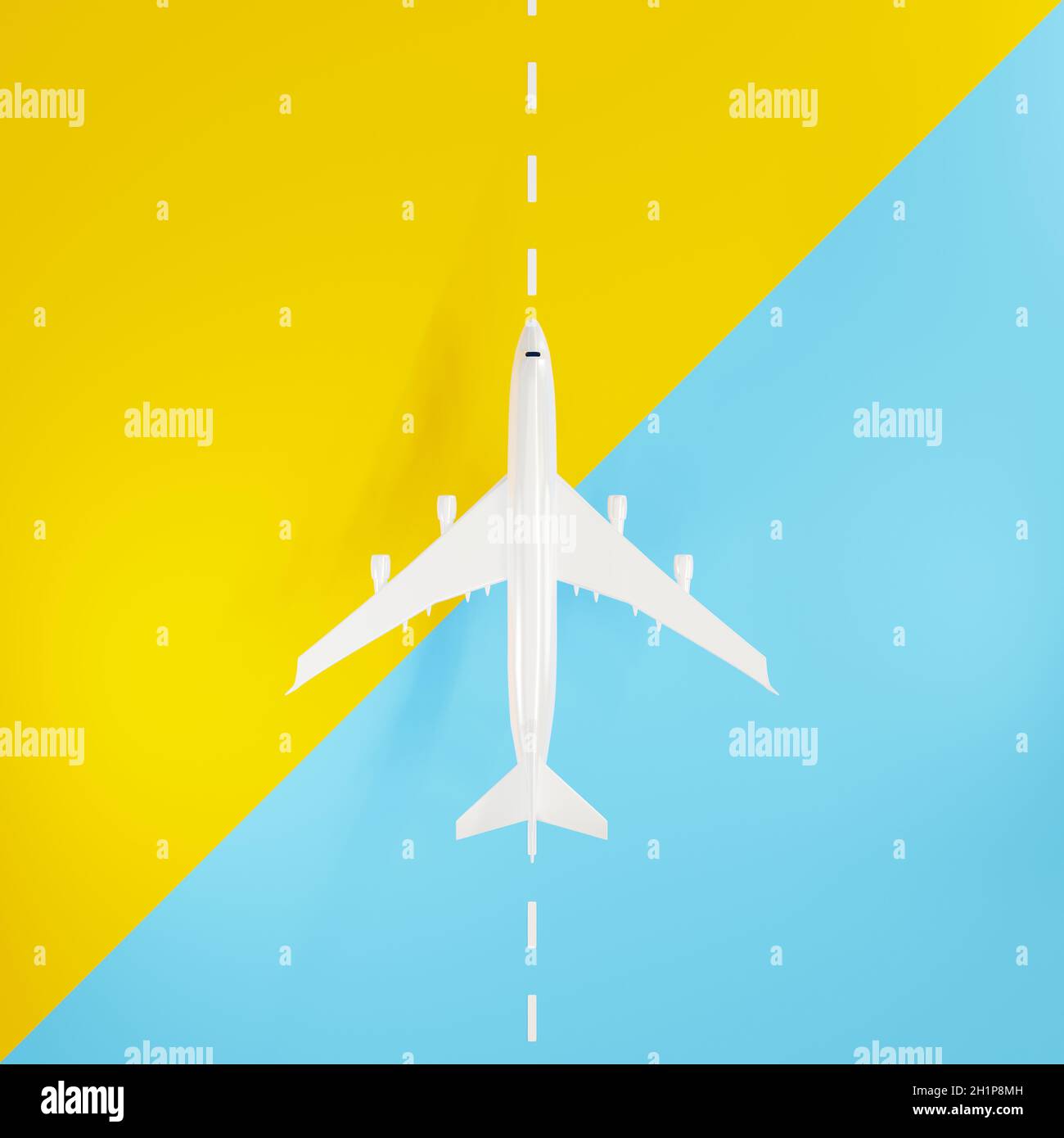 Top view Airplane during landing or taking off over ground on runway