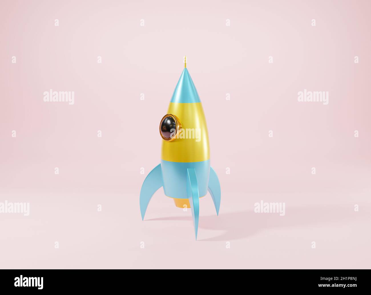 Rocket spaceship antique style, Model cartoon toy space exploration icon on pink background, Retro fly to the moon and galaxy, 3D rendering illustrati Stock Photo