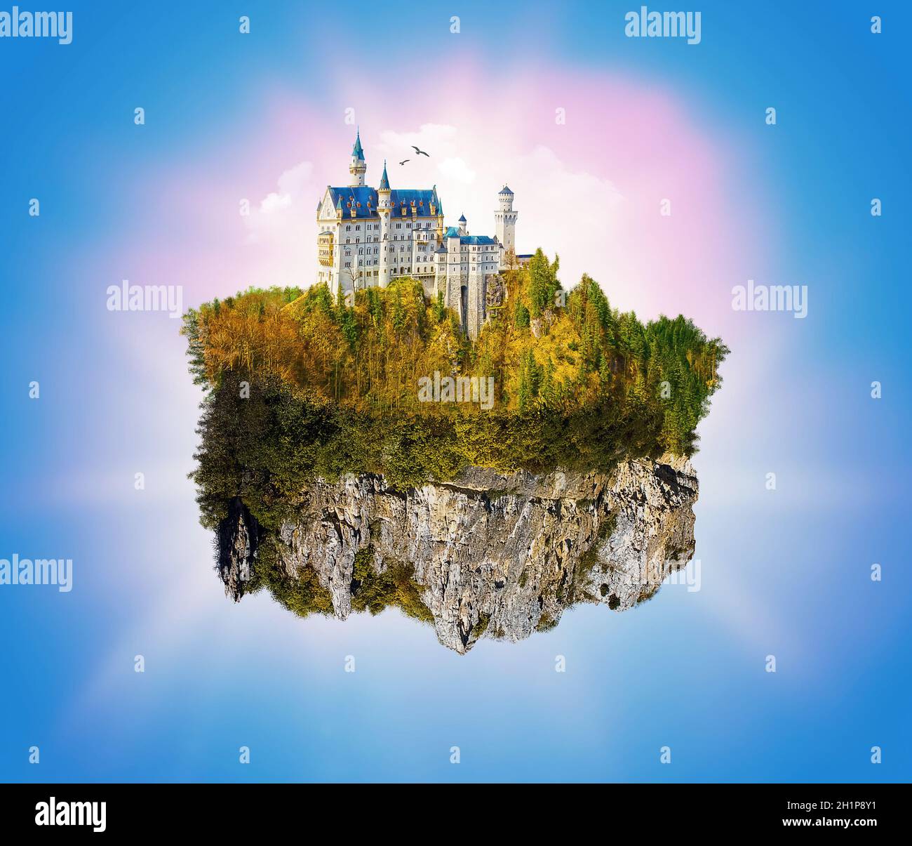 Fantazy green island with mountain and castle flying high in the sky Stock Photo