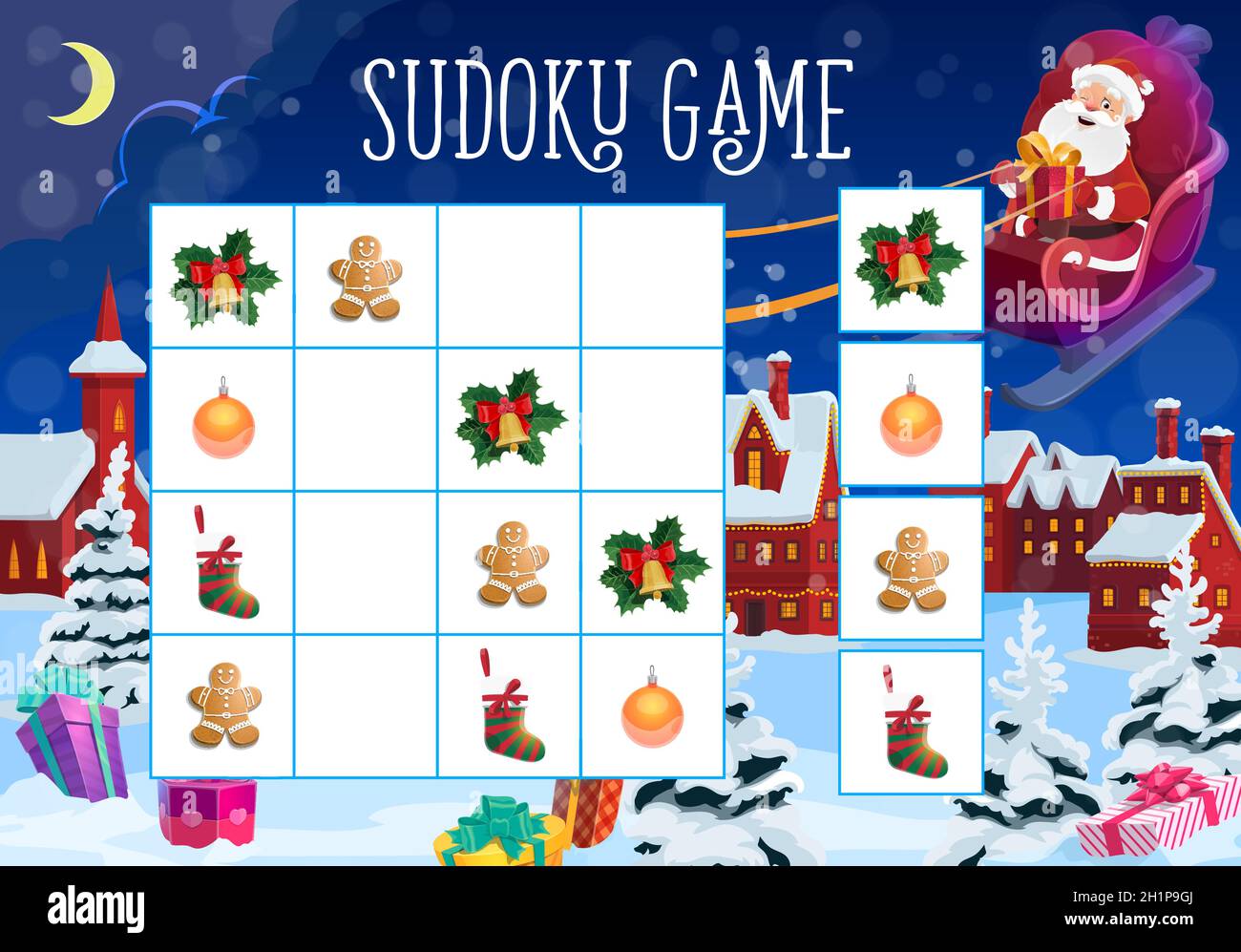 Children Christmas sudoku game with holiday decorations. Child game  activity, logical maze for kids with holly leaves and bell, gingerbread man  and Ch Stock Vector Image & Art - Alamy