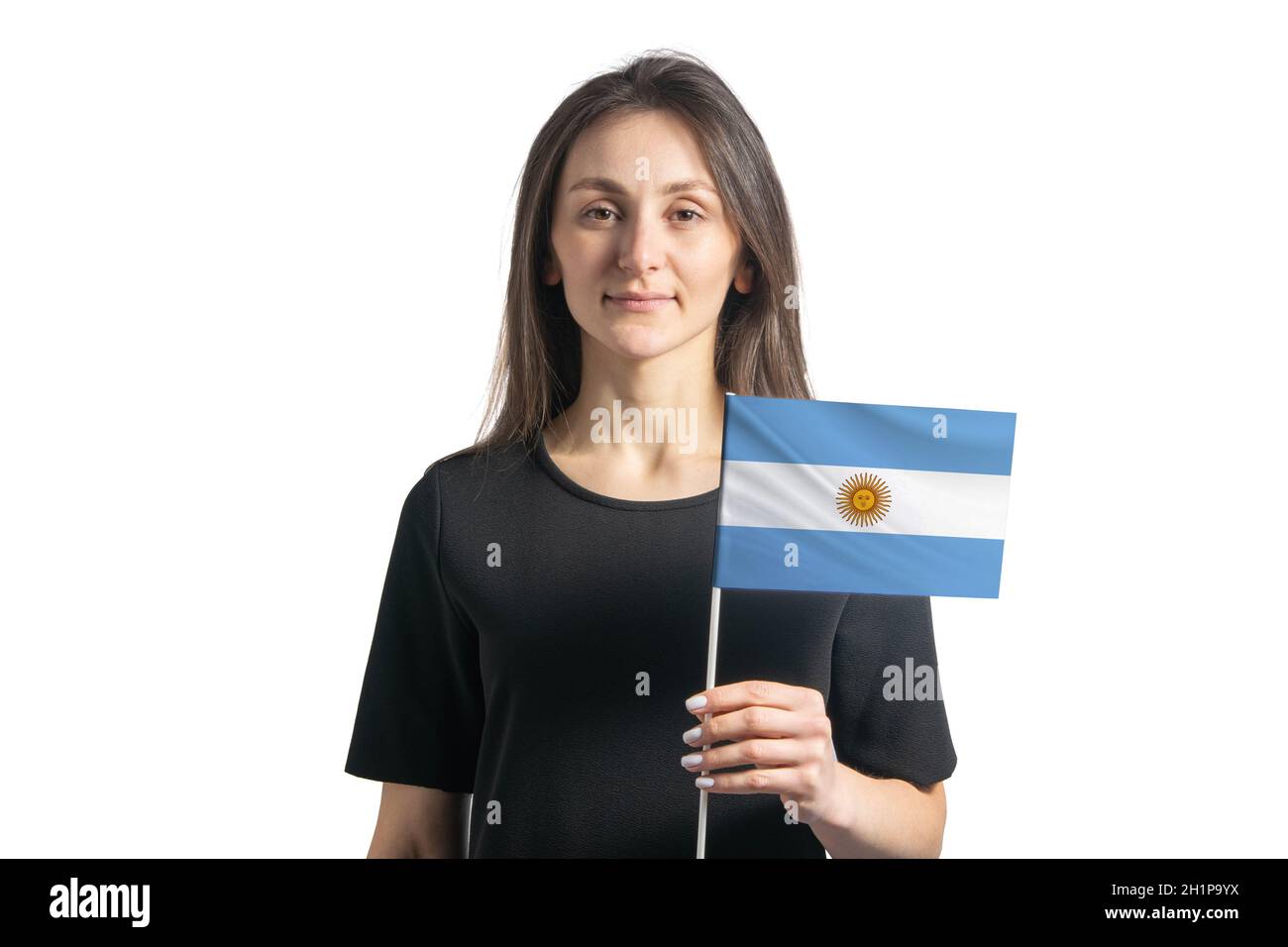 Happy Young White Girl Holding Argentina Flag Isolated On A White 