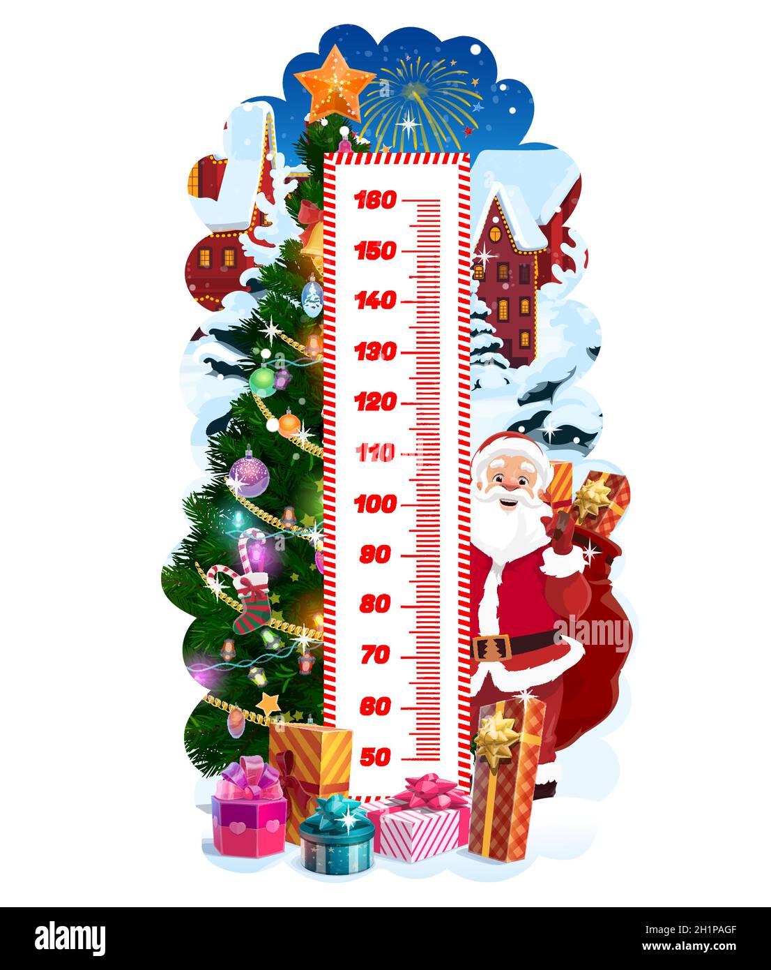 Kids height chart with Christmas tree and Santa, vector growth meter