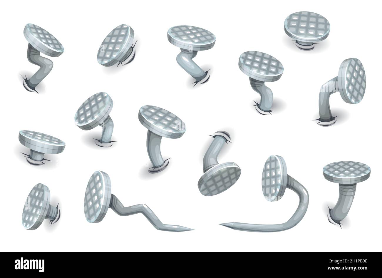 Cartoon isolated bent nails and hobnails vector set. Steel metal sharp hardware spikes of grey color with checkered heads, curved and hammered into wa Stock Vector