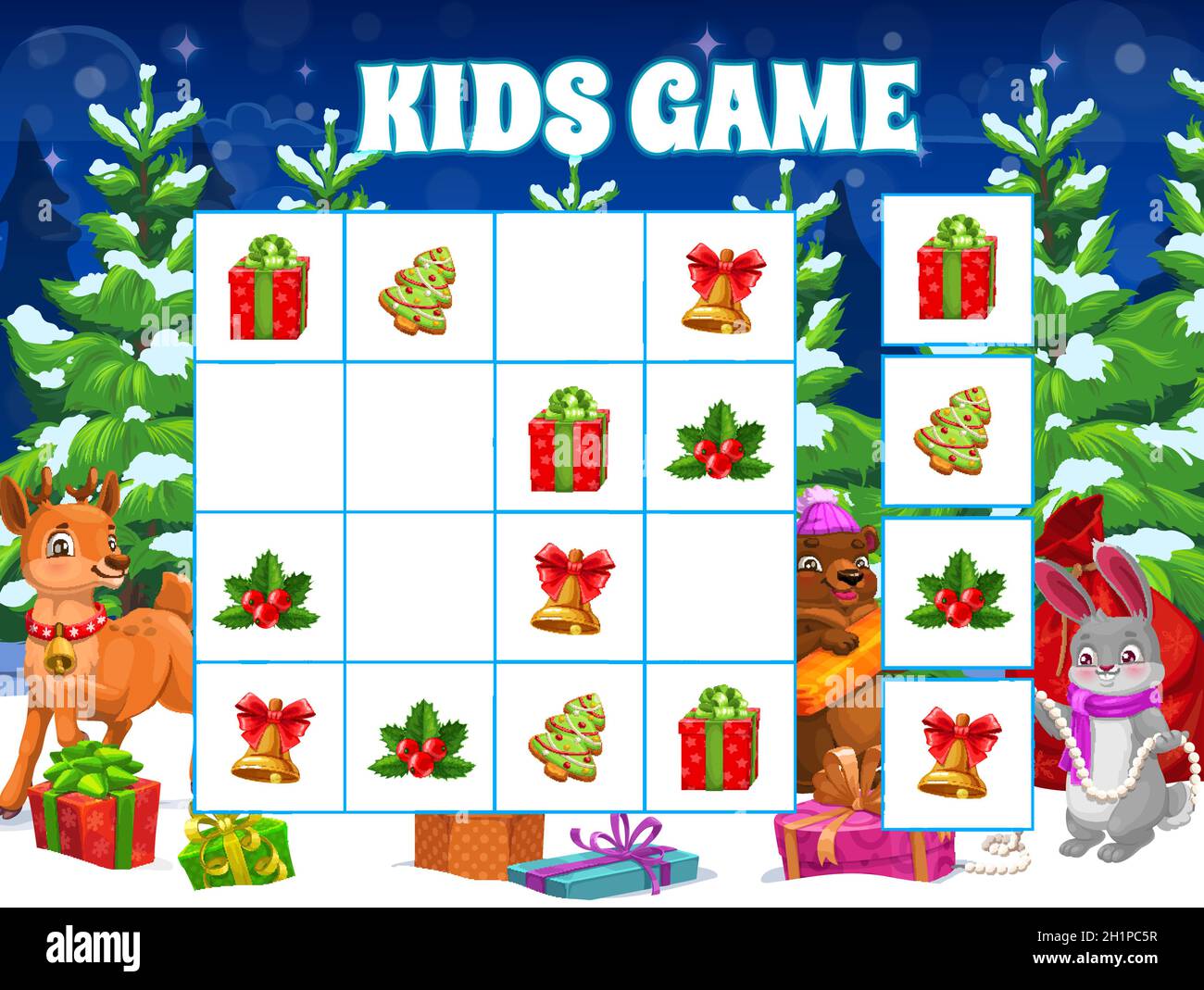 Children Christmas puzzle game with animals babies. Kids educational