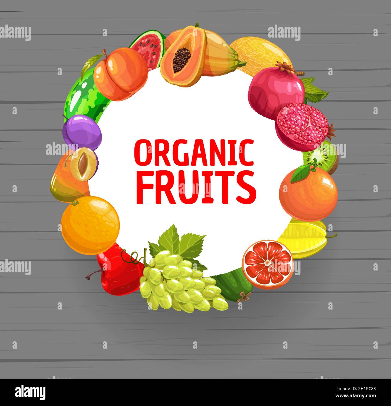 Fresh organic fruits round banner. Tropical and ordinary fruits mix on