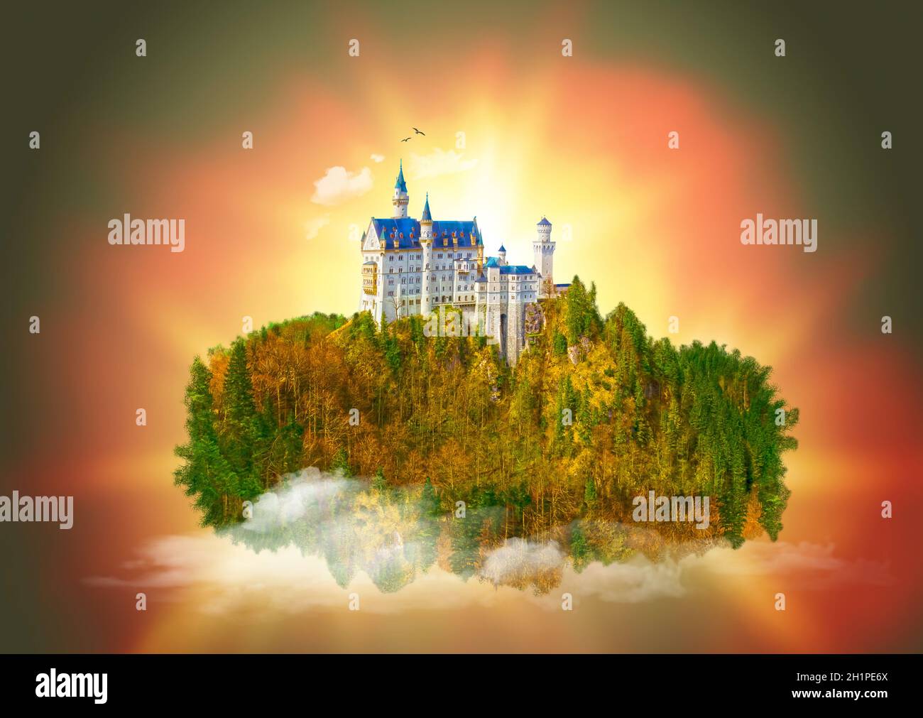 Fantazy green island with mountain and castle flying high in the sky Stock Photo