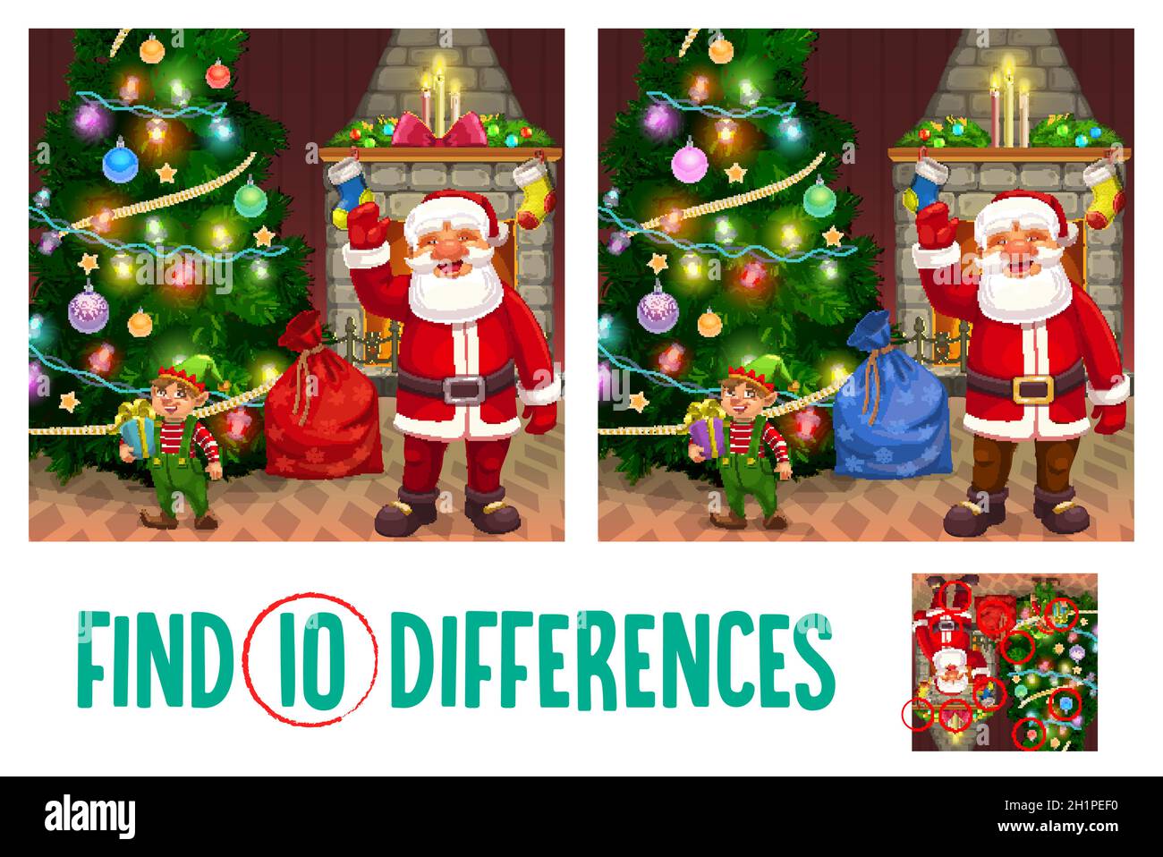 Kids Christmas game, find ten differences riddle with Santa Claus and