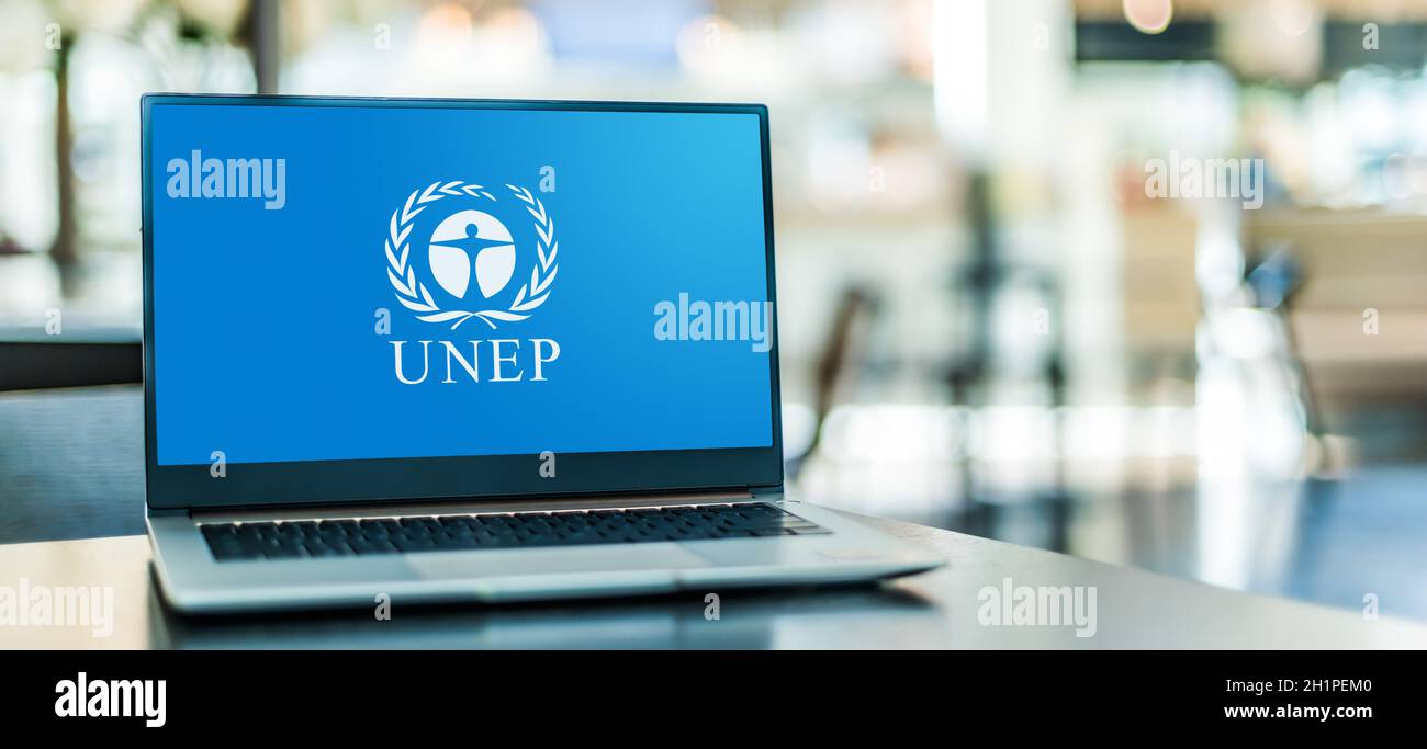 POZNAN, POL - NOV 12, 2020: Laptop computer displaying logo of  UNEP, the UN programme responsible for coordinating the UN's environmental activities Stock Photo