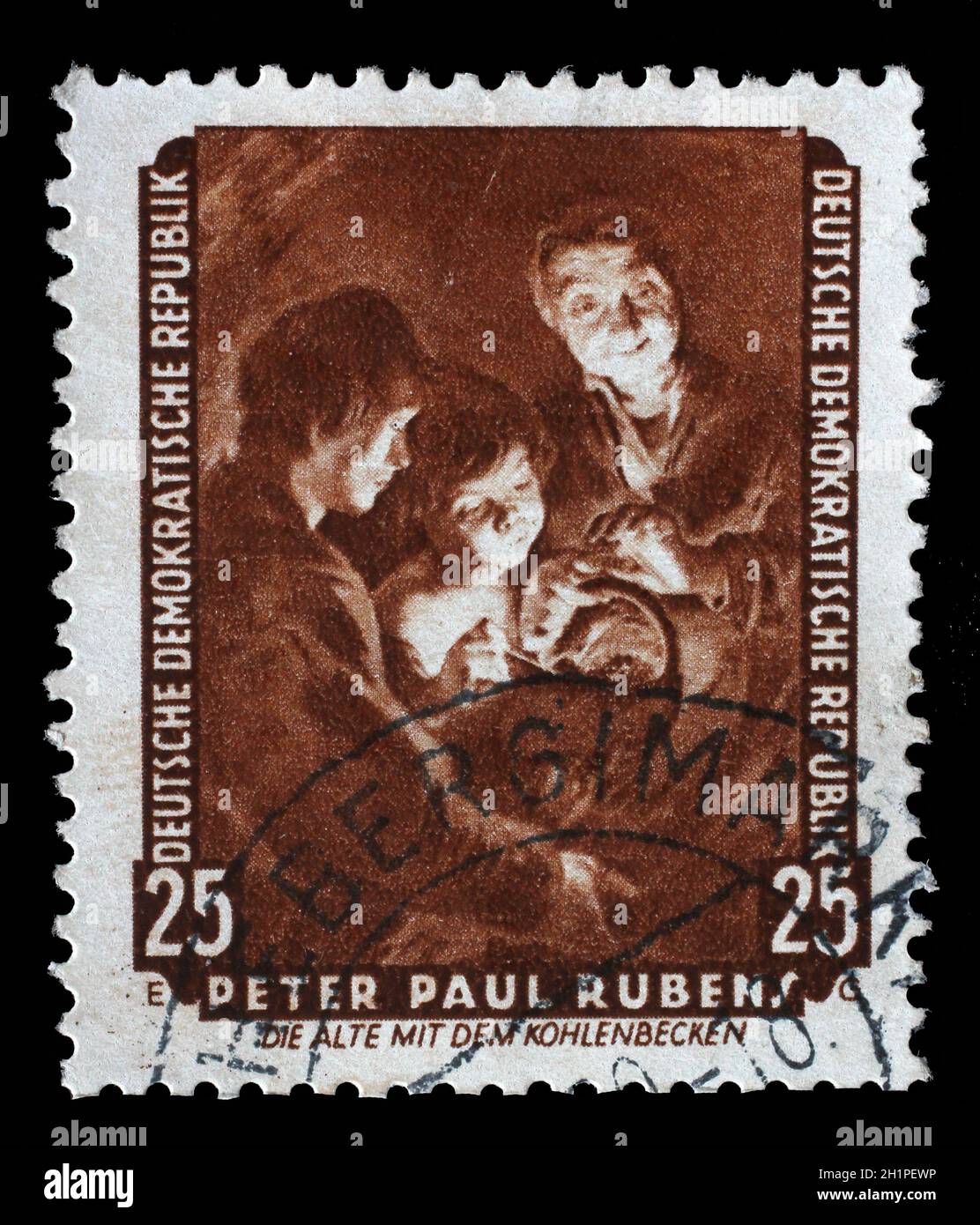 Stamp printed in DDR shows the painting Old woman with a brazier, by Peter Paul Rubens, from the series Famous Paintings from Dresden Gallery, circa 1 Stock Photo