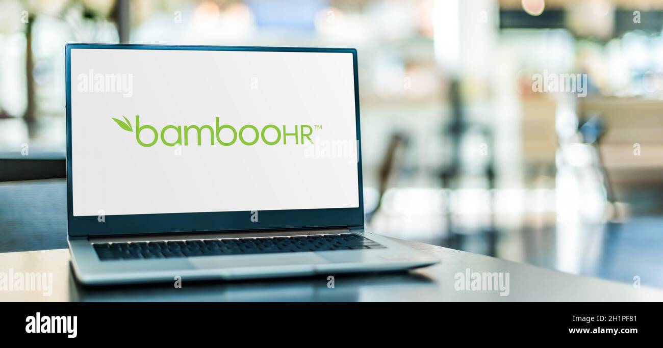 POZNAN, POL - SEP 23, 2020: Laptop computer displaying logo of BambooHR, an American technology company that provides human resources software as a se Stock Photo