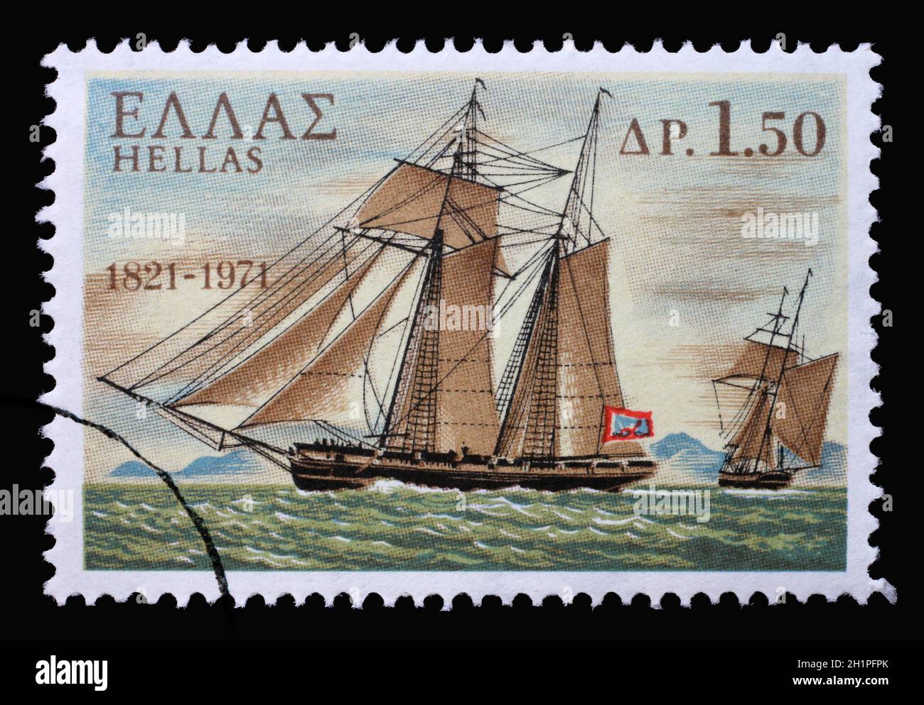 Stamp printed in Greece from the 150th Anniversary of War of Independence, shows warship Terpsichore, circa 1971. Stock Photo