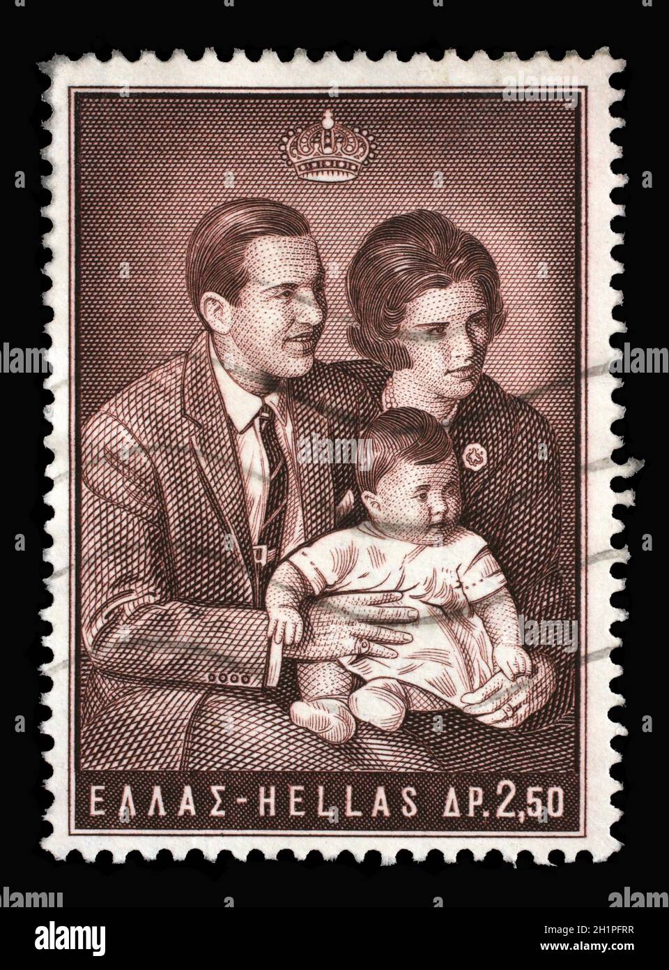 Stamp printed in Greece shows King Constantine II, Queen Anne-Marie with Princess Alexia, circa 1966 Stock Photo