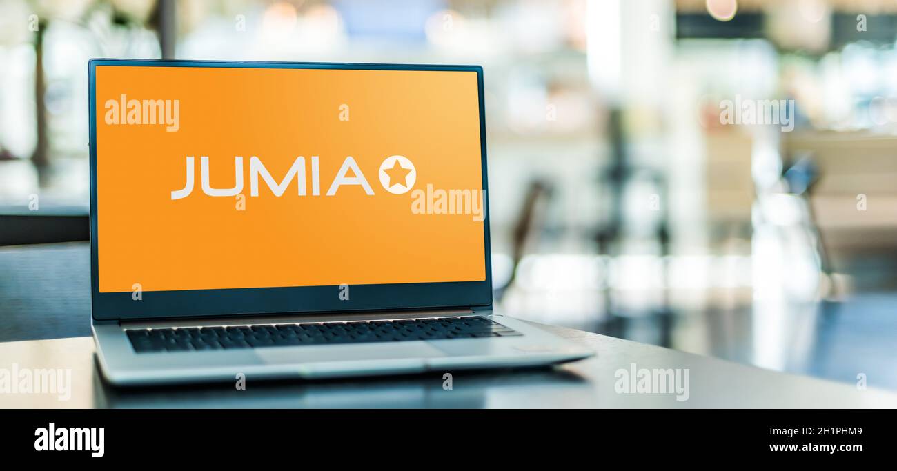 POZNAN, POL SEP 23, 2020 Laptop computer displaying logo of Jumia