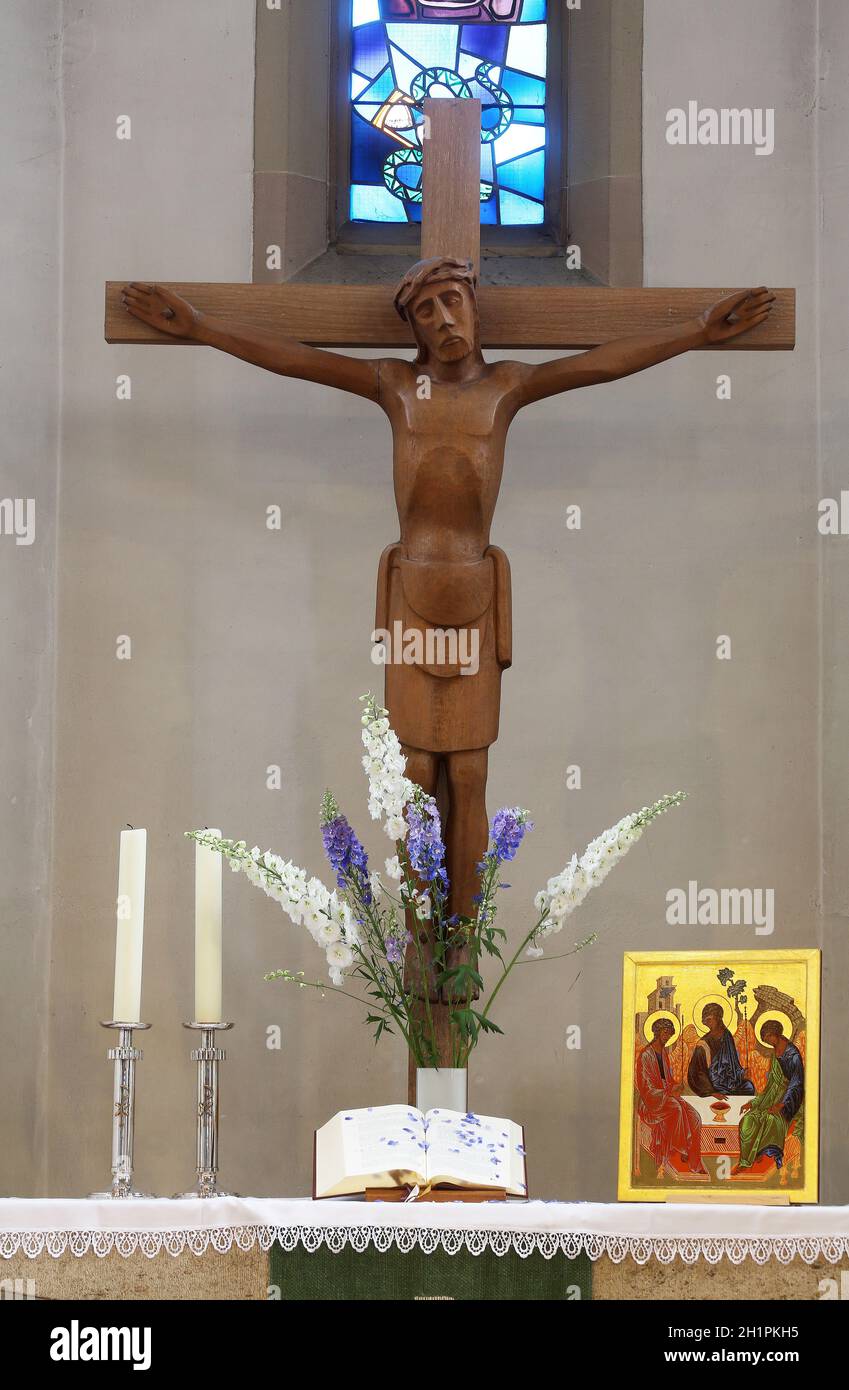 The crucifix at the altar in Evangelical Church in Wasseralfingen, Germany Stock Photo