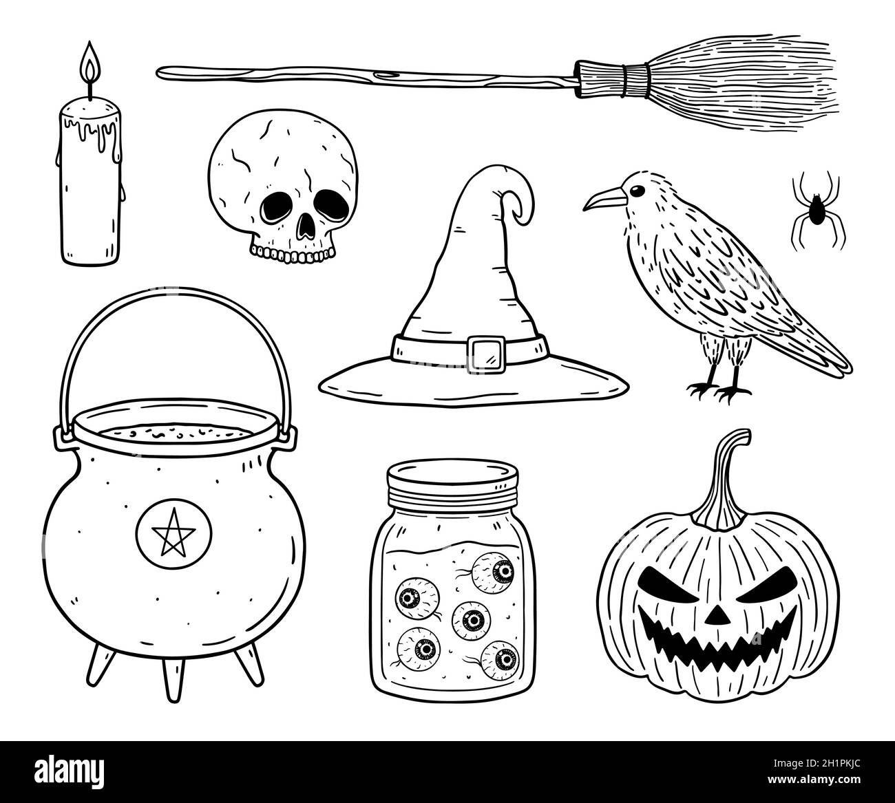 Doodle set of Halloween elements - skull, raven, witch's cauldron, broom and hat, creepy pumpkin lantern, jar with eyeballs. Vector hand-drawn illustration. Perfect for holiday designs, decorations. Stock Vector