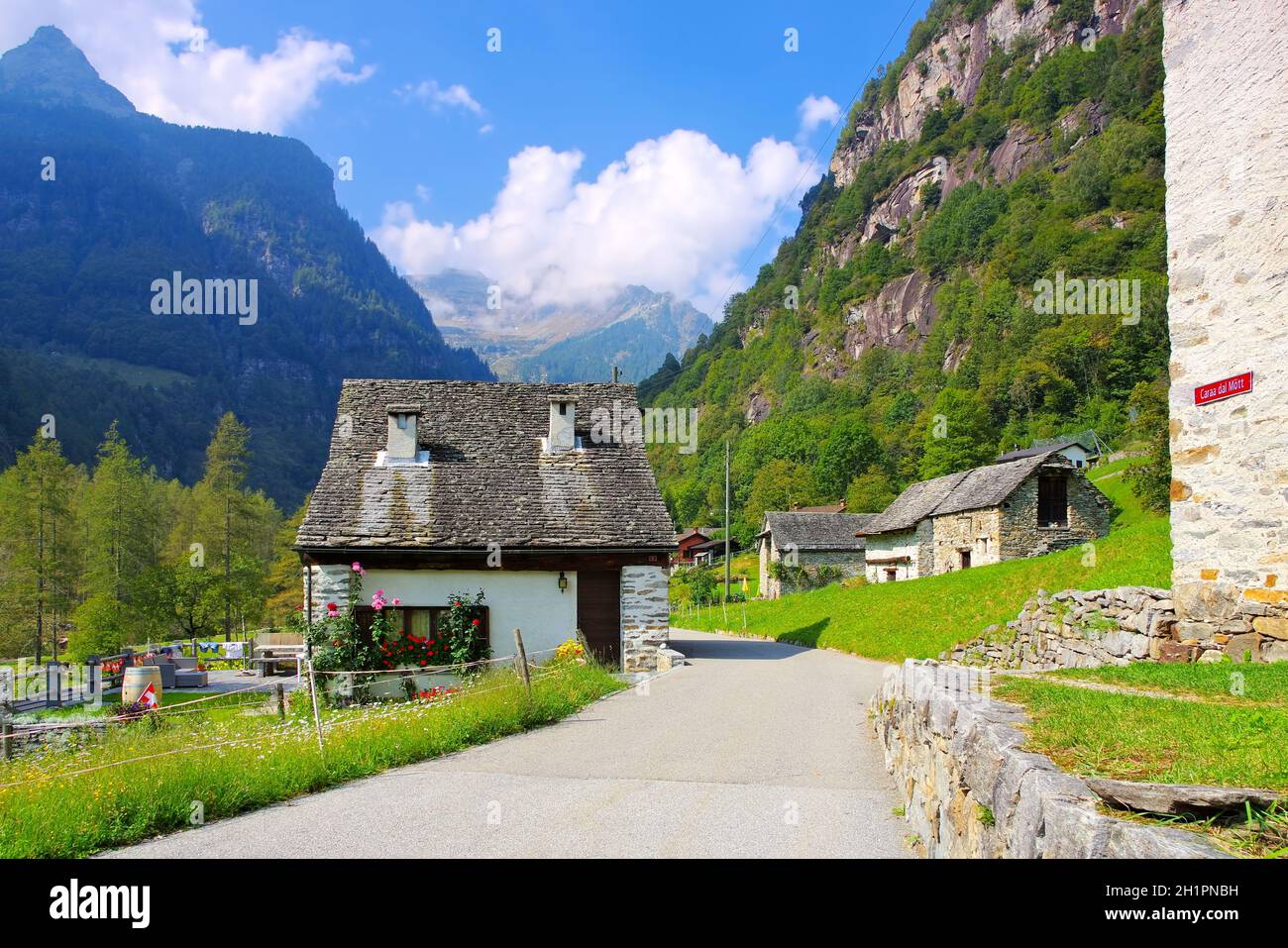 typical houses in Sonogno in the Verzasca Valley, Ticino in Switzerland, Europe Stock Photo
