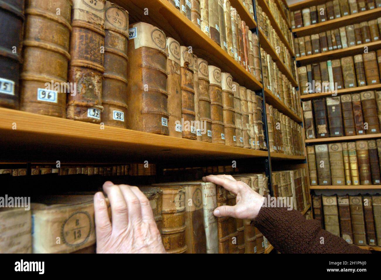 Books Archive of a monastic library in a Franciscan monastery Stock Photo