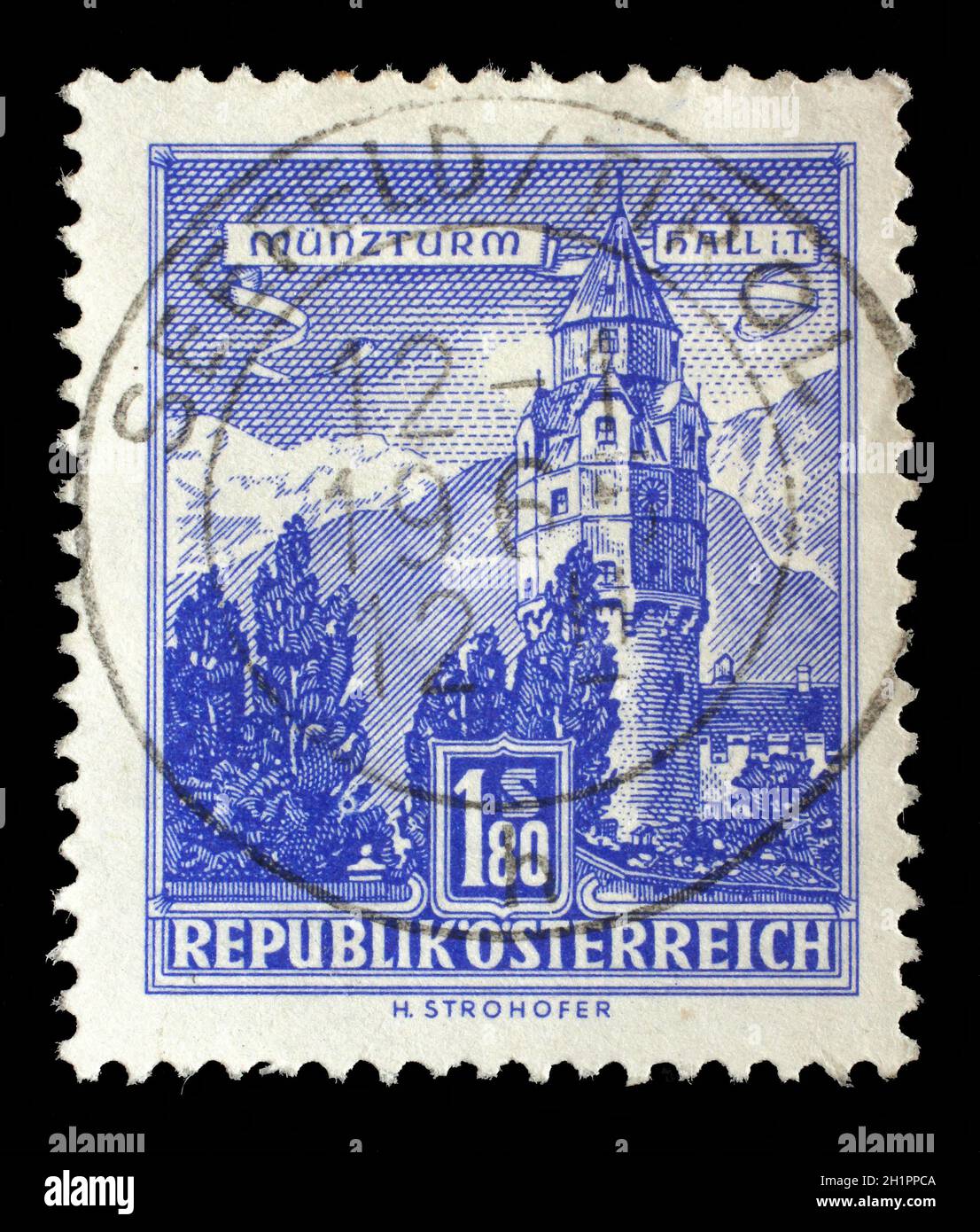 Stamp printed in Austria shows Munzturm hall in Tirol, series, circa 1960 Stock Photo