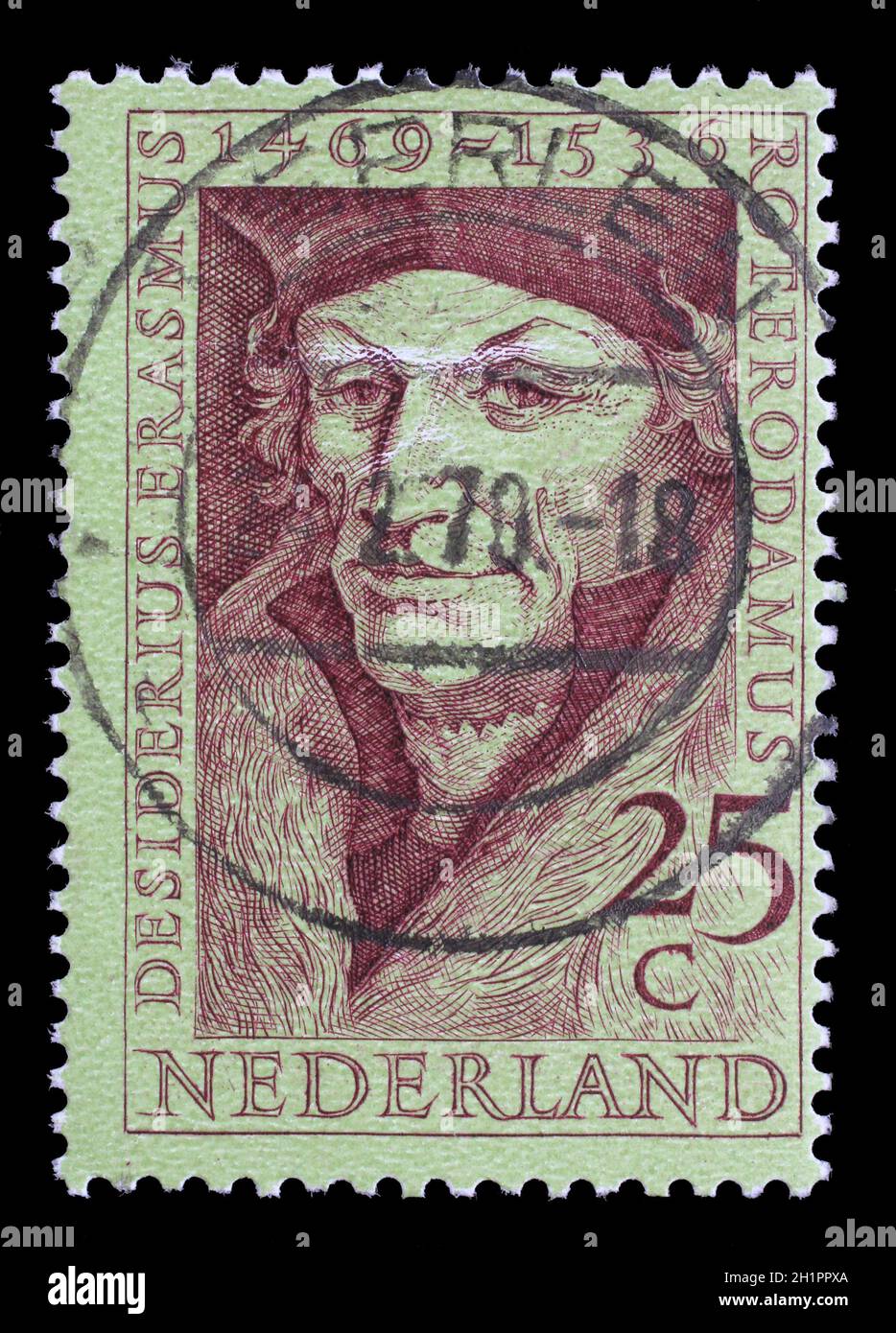 Stamp printed in Netherlands shows Desiderius Erasmus (1469-1536), scholar, circa 1969 Stock Photo