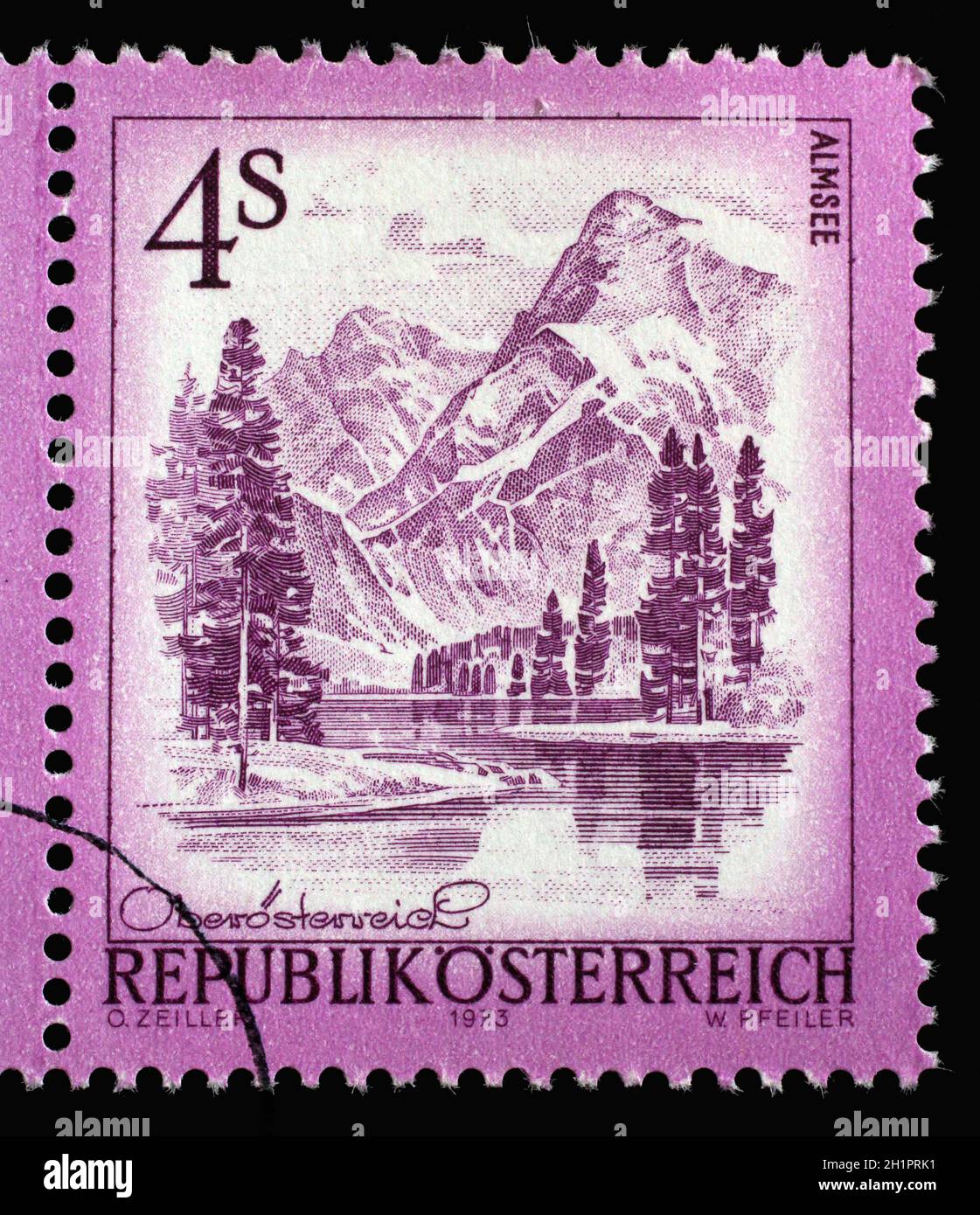 Stamp issued in Austria shows Almsee nature also known as Lake Alm located in Upper Austria, circa 1973 Stock Photo
