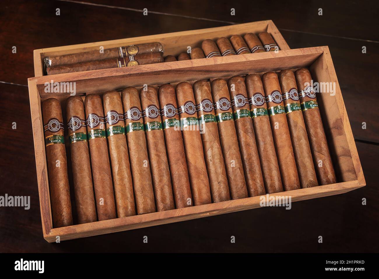 Two box with Open Eagle Montecristo cuban cigars inside with red label  Stock Photo