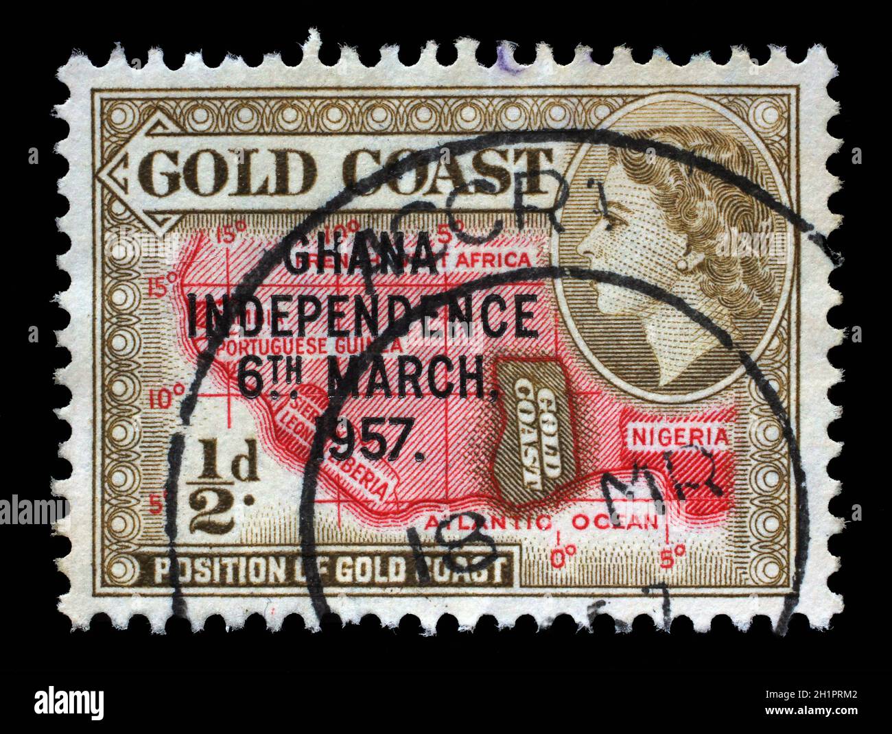 Stamp printed in Ghana shows location of the country on the African continent and queen Elizabeth II, stamp of Gold Coast overprinted in black, Ghana Stock Photo