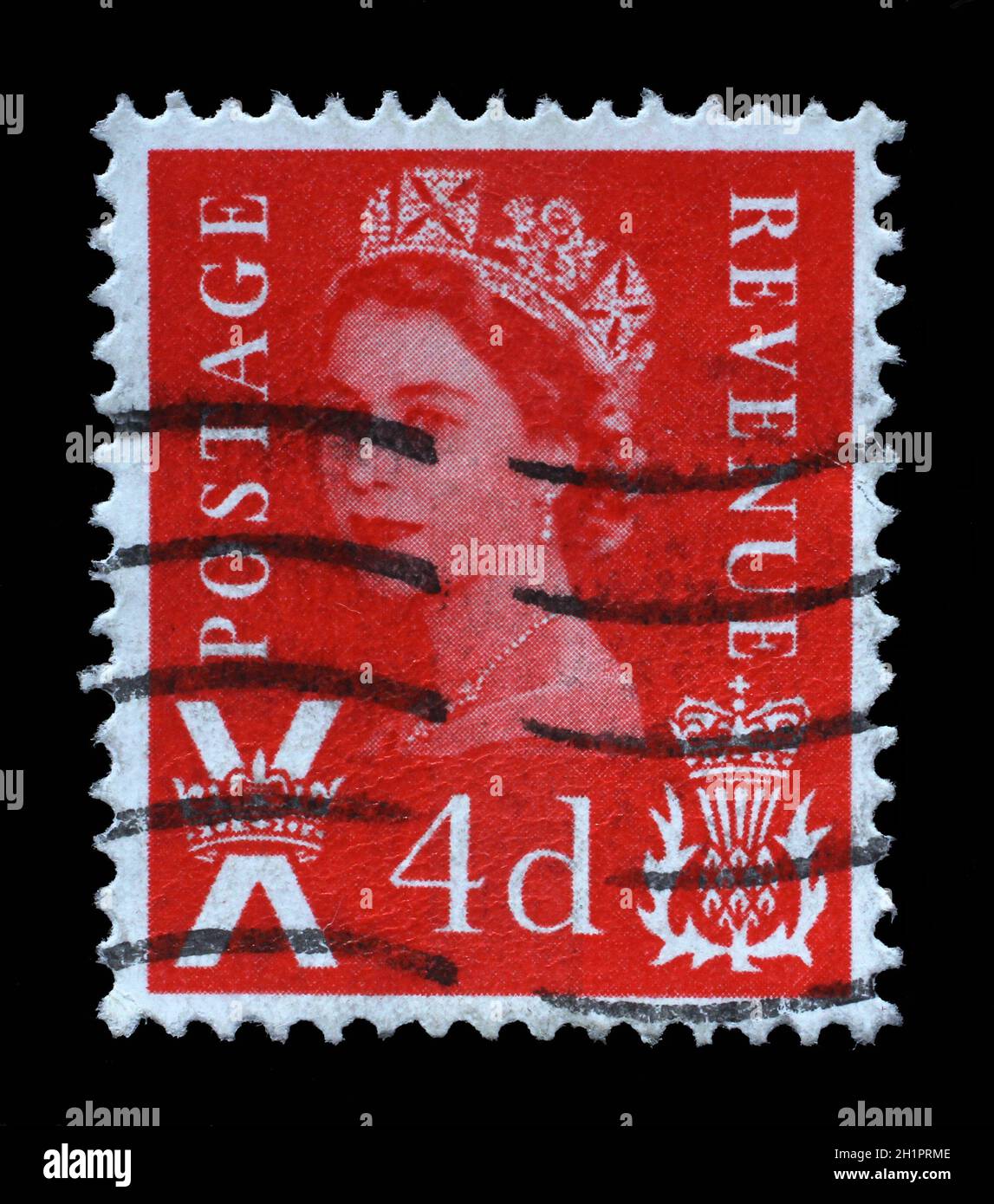 Scottish Used Postage Stamp showing Portrait of Queen Elizabeth 2nd, circa 1958 to 1970 Stock Photo