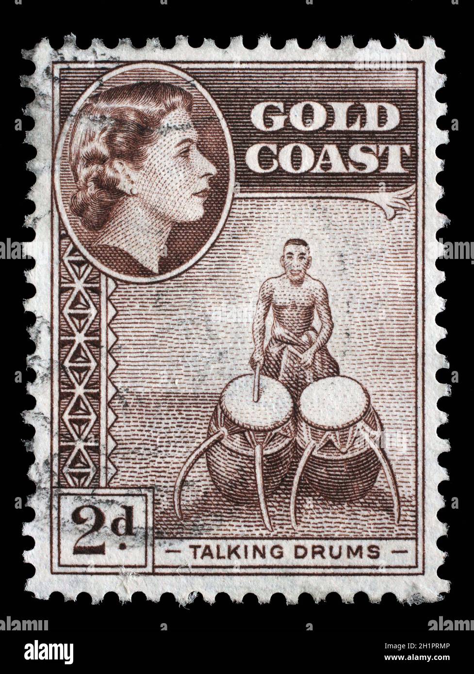 Stamp printed in Ghana shows talking drums and queen Elizabeth II