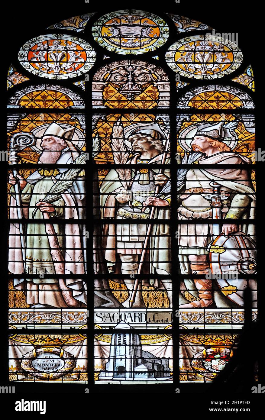 Saint Agoard of Creteil, stained glass window in the Saint Augustine church in Paris, France Stock Photo