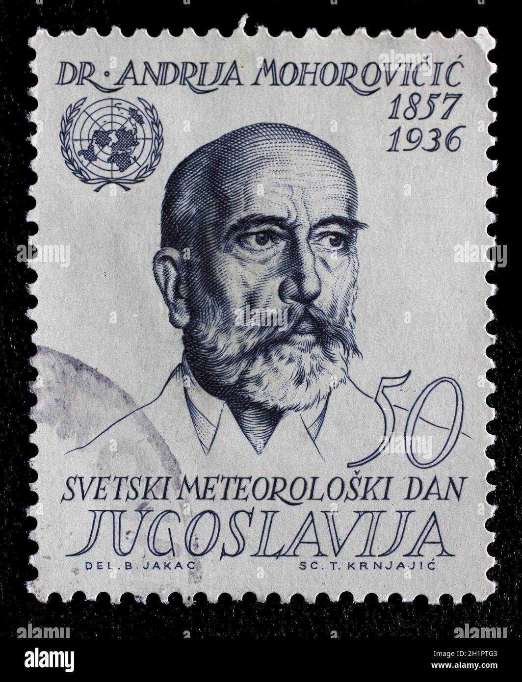 Stamp printed in Yugoslavia shows Andrija Mohorovicic (23 January 1857 – 18 December 1936) was a Croatian meteorologist and seismologist, circa 1963 Stock Photo