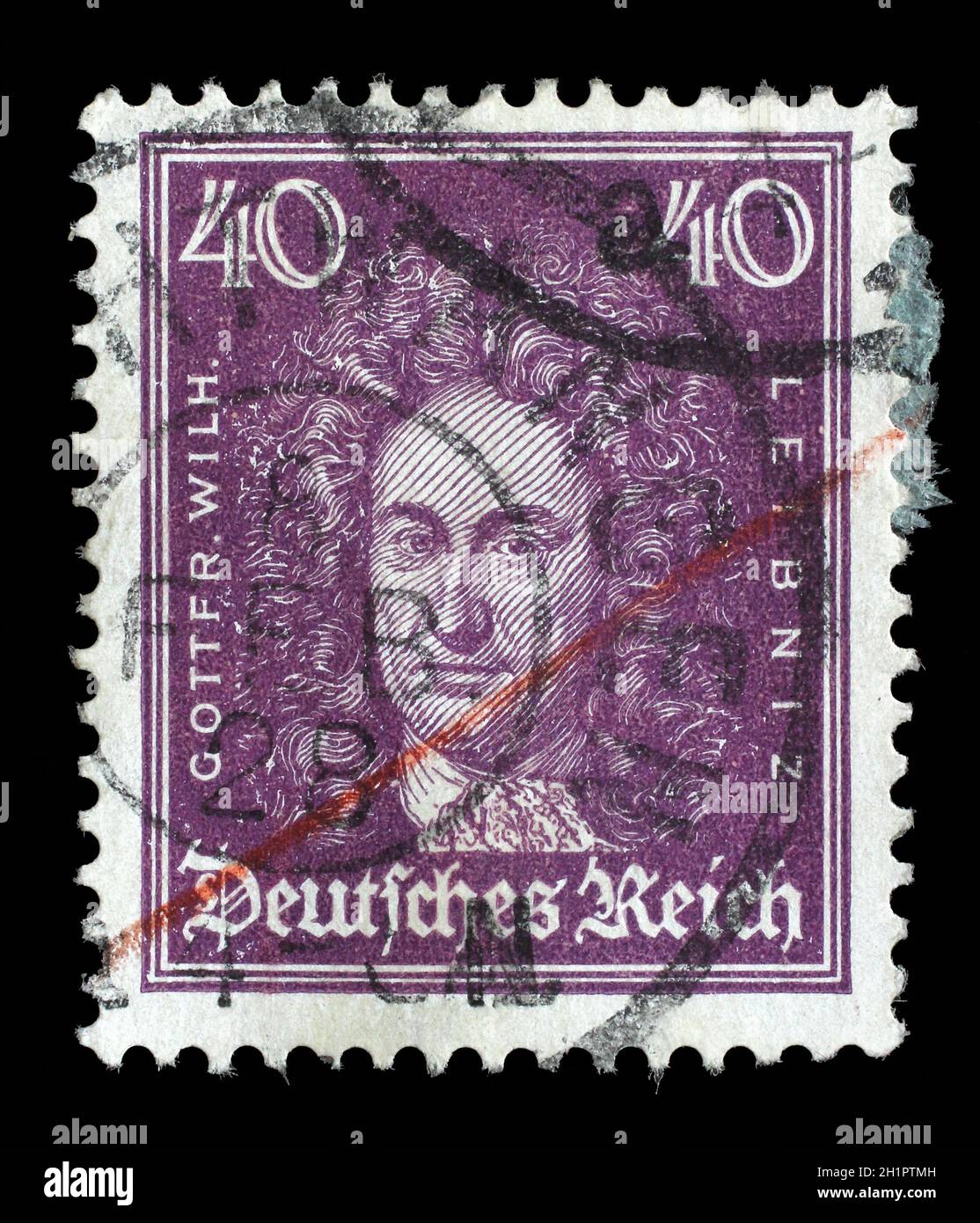 Stamp printed in the German Reich shows Gottfried Wilhelm von Leibniz, polymath, mathematician, and philosopher, circa 1926. Stock Photo