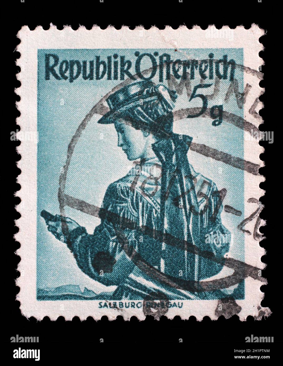 Stamp printed in the Austria shows Woman from Salzburg, Pinzgau, Regional Costume, circa 1949 Stock Photo