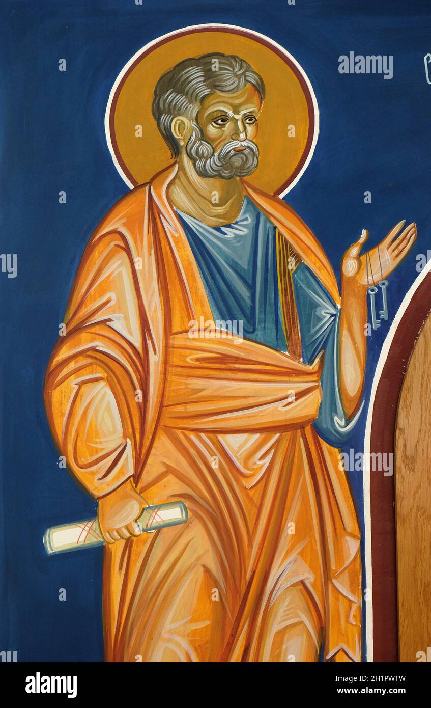 Saint Peter the Apostle, fresco in the Church of Saint Paraskeva of the Balkans near Saint Naum Monastery, Ohrid in Macedonia Stock Photo