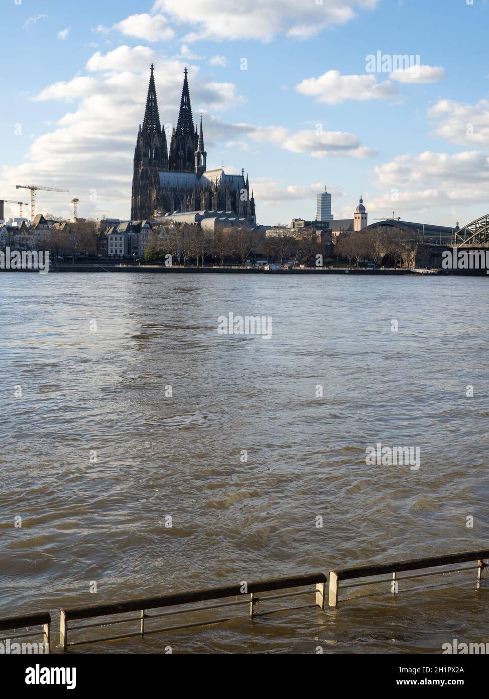 Flood Water of River Rhein with Kölner Dom - Köln Stock Photo